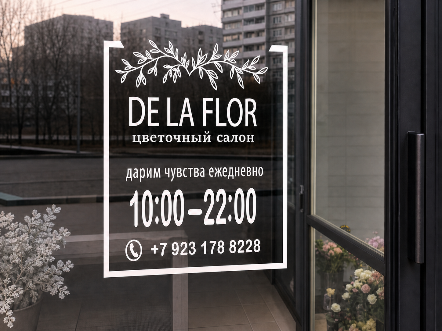 Входная дверь и вывеска цветочного салона DeLaFlor в Новосибирске
